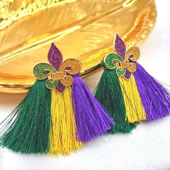 New Mardi Gras fleur de lis fringe tassel earrings - Picture 1 of 6